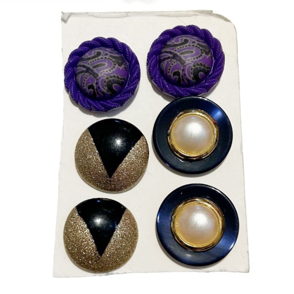 Vintage 1980s Round Statement Earrings Purple Gold Black Blue Pearl Sparkly Nice